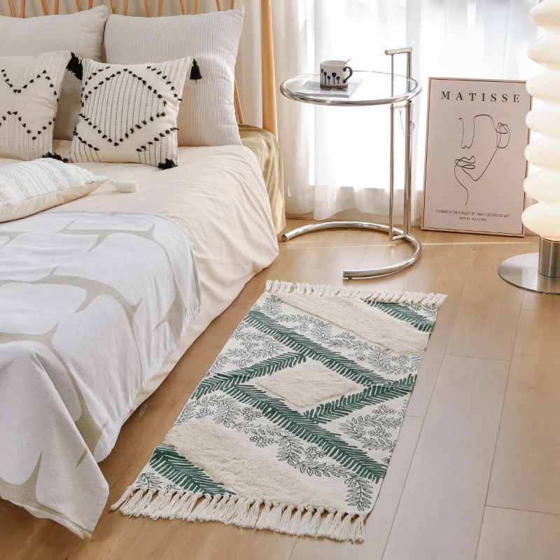 decorative woven bathroom runner with botanical jacquard pattern and fringes Stornfield