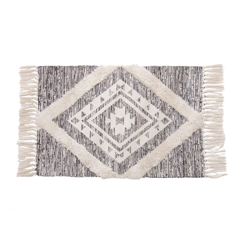decorative woven bathroom runner with botanical jacquard pattern and fringes Stornfield