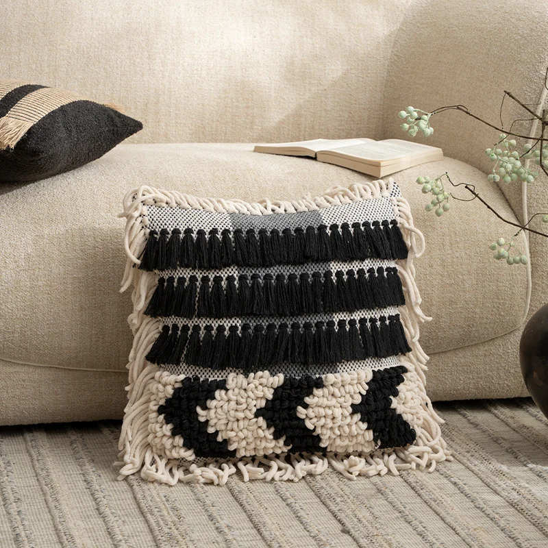 Boho cushion cover with macrame, tassels and relief texture Stornfield