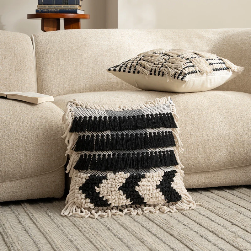 Boho cushion cover with macrame, tassels and relief texture Stornfield