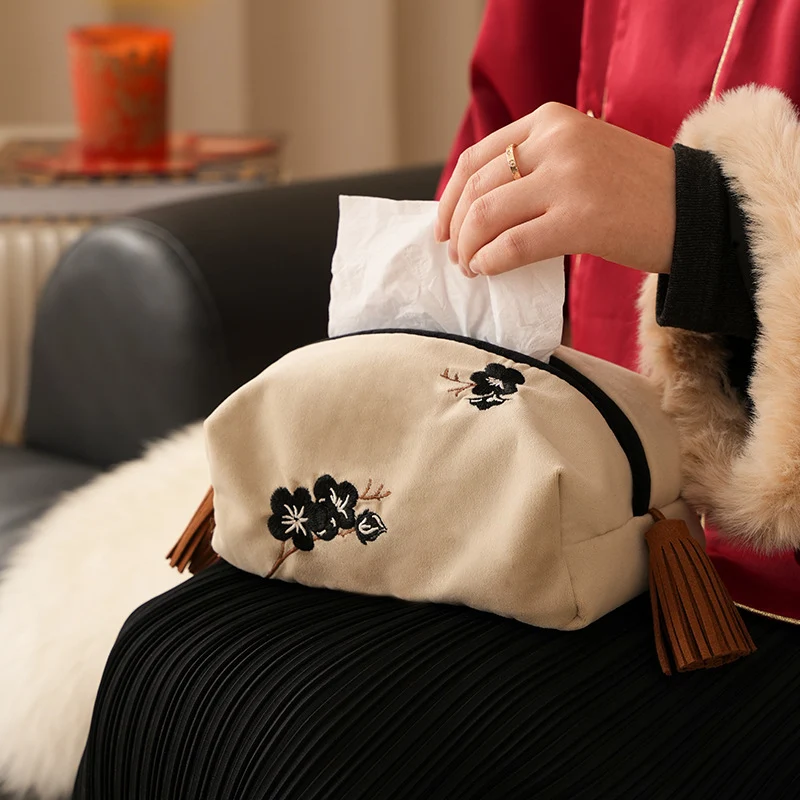 Embroidered tissue box cover made of velvet with tassels Stornfield