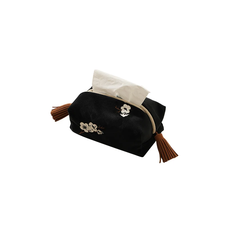 Embroidered tissue box cover made of velvet with tassels Stornfield