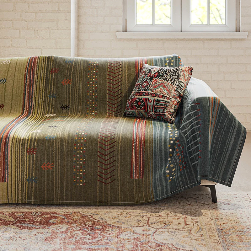 Reversible Oversized Woven Jacquard Sofa Slipcover Blanket with Tribal Stripe Pattern