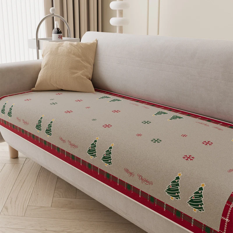 Quilted Holiday Sofa Seat Protector with Anti-Slip Backing and Christmas Tree Print