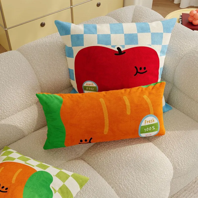 Plush Square Decorative Cushion with Cartoon Carrot Print and Checkerboard Backing