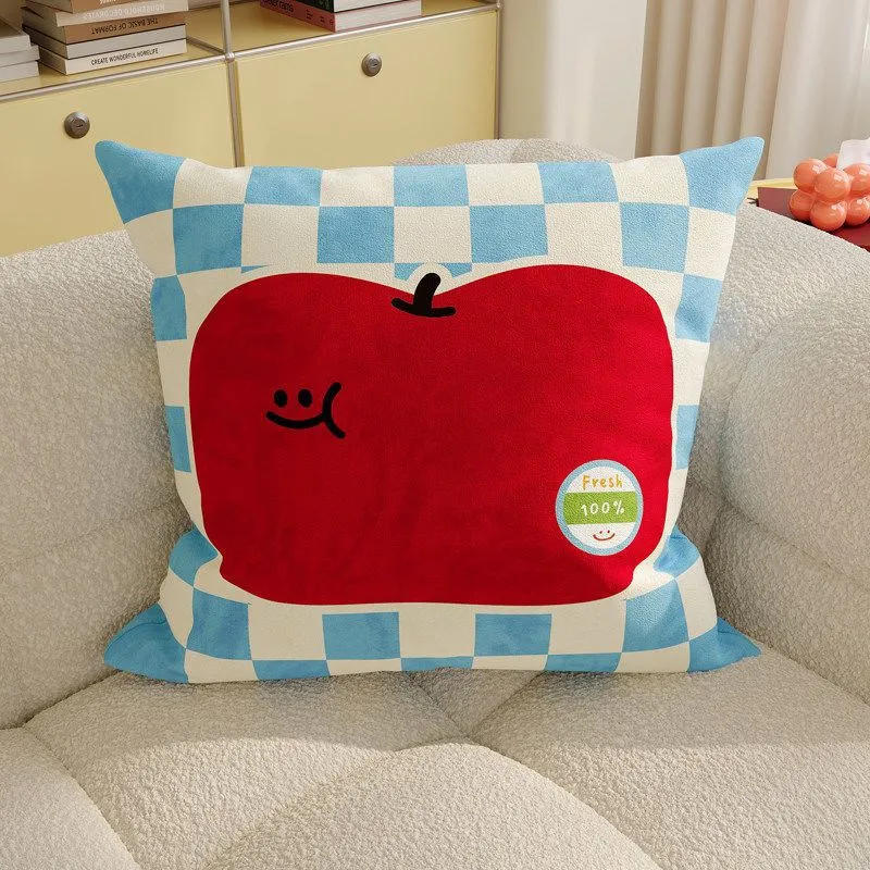 Plush Square Decorative Cushion with Cartoon Carrot Print and Checkerboard Backing