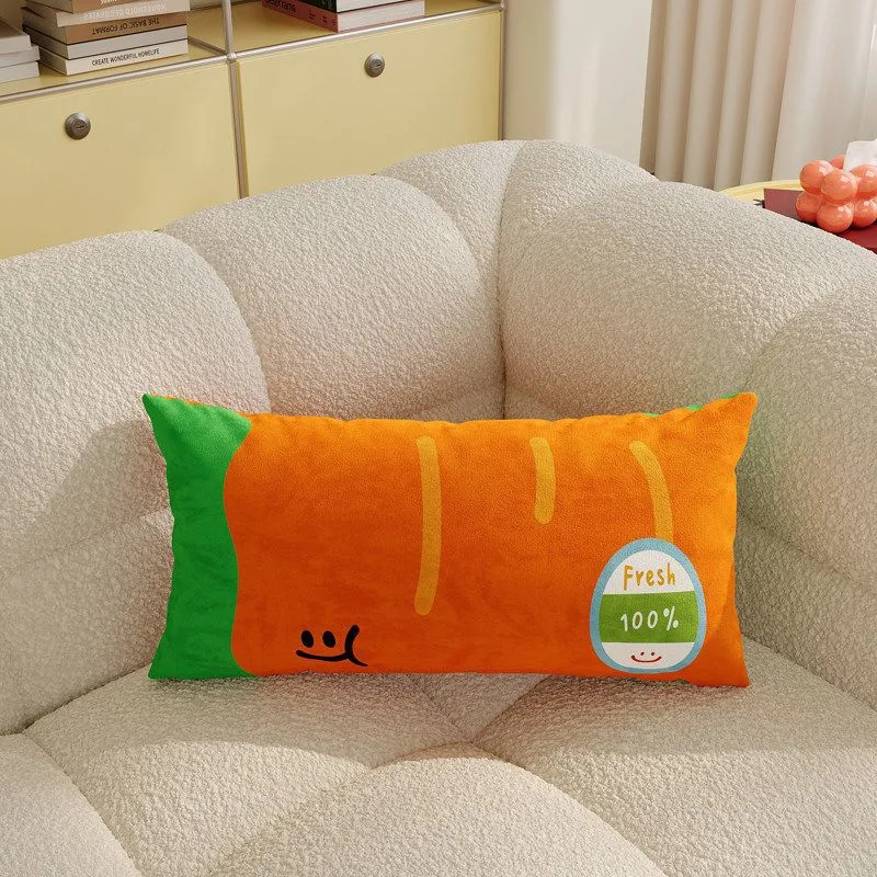 Plush Square Decorative Cushion with Cartoon Carrot Print and Checkerboard Backing