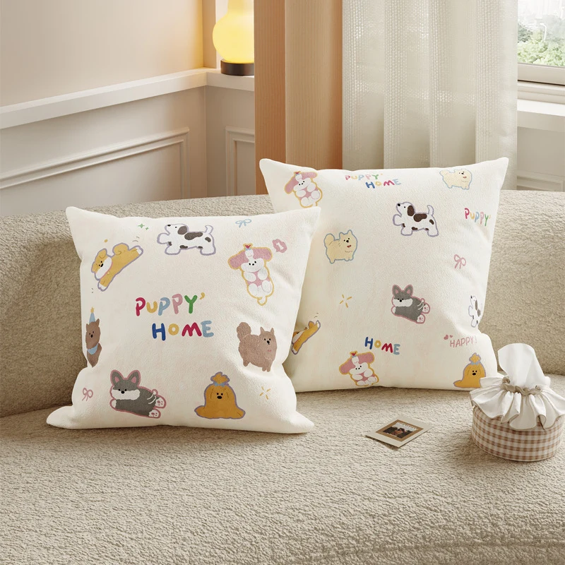 Plush Decorative Square Pillow Cover with Cartoon Puppy Appliqué and Soft Microfiber Finish