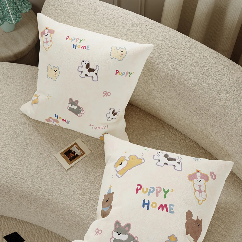 Plush Decorative Square Pillow Cover with Cartoon Puppy Appliqué and Soft Microfiber Finish