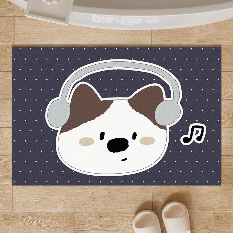 Plush Absorbent Non-Slip Bathroom Door Mat with Cartoon Stretching Cat and Paw Print