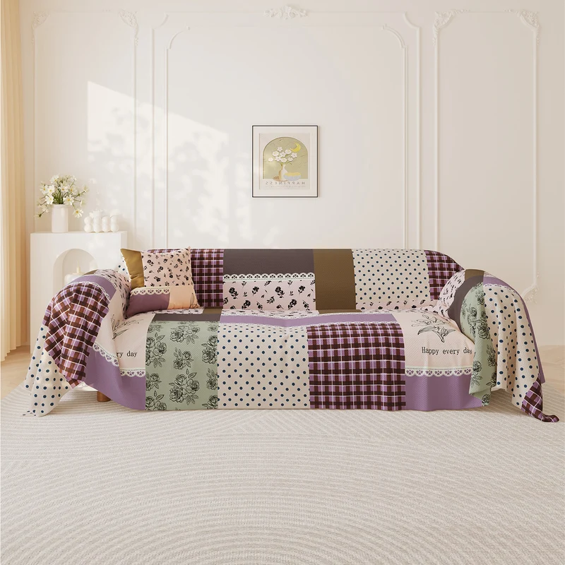 Patchwork Quilted Sofa Slipcover with Elastic Fit and Anti-Slip Backing