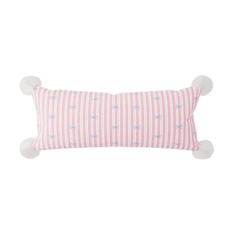 Long Lumbar Decorative Throw Pillow with Pom-Pom Corners and Bow-Striped Cotton-Linen Cover