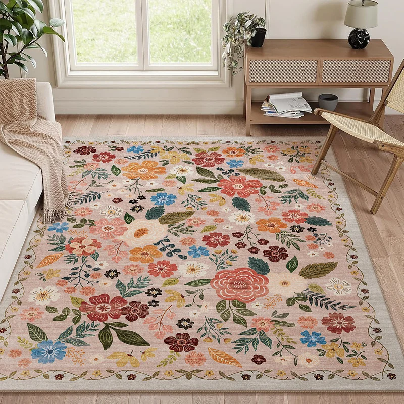 Large Floral Printed Low-Pile Machine-Woven Area Rug with Stain-Resistant Finish