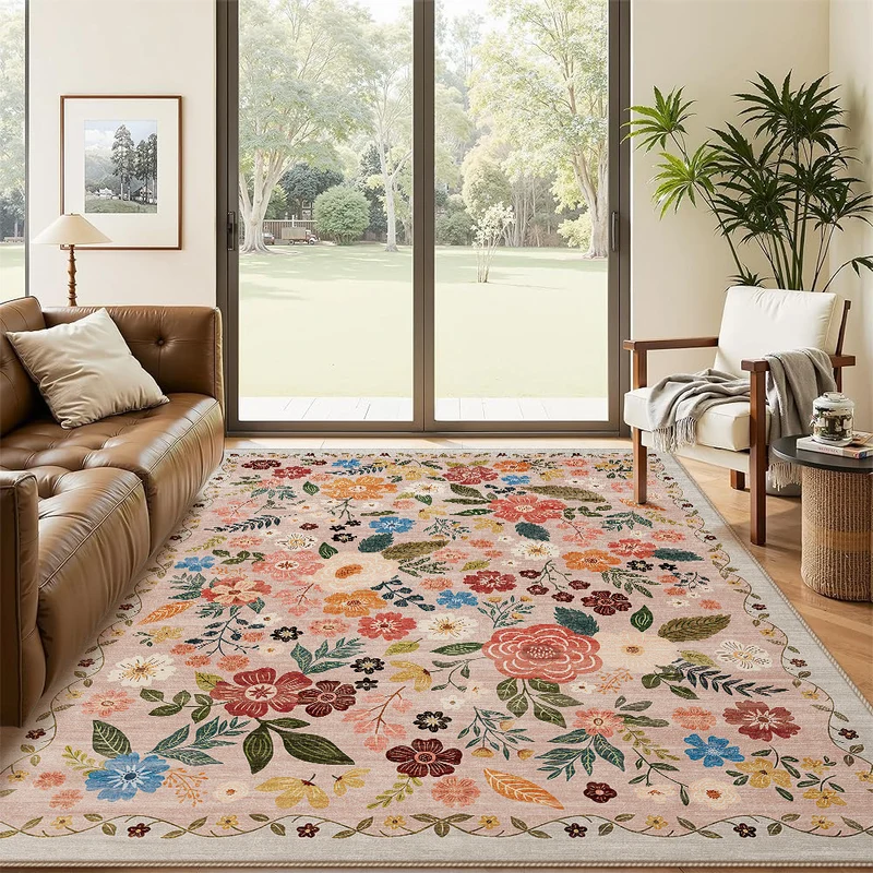 Large Floral Printed Low-Pile Machine-Woven Area Rug with Stain-Resistant Finish