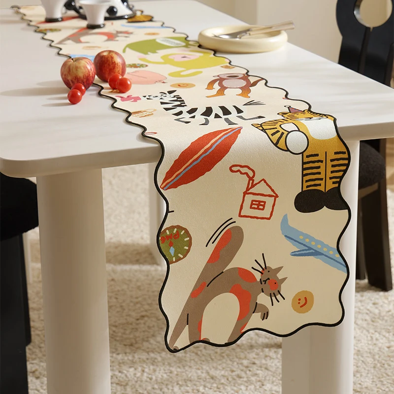 Light silk scarf with wave-shaped hem and playful animal illustrations Stornfield