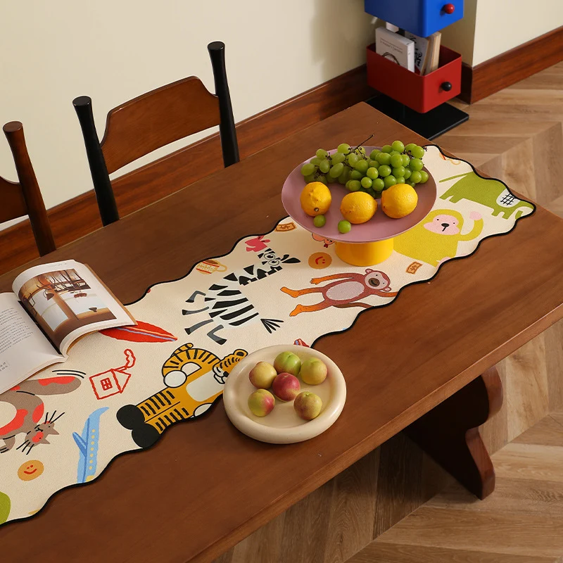 Light silk scarf with wave-shaped hem and playful animal illustrations Stornfield