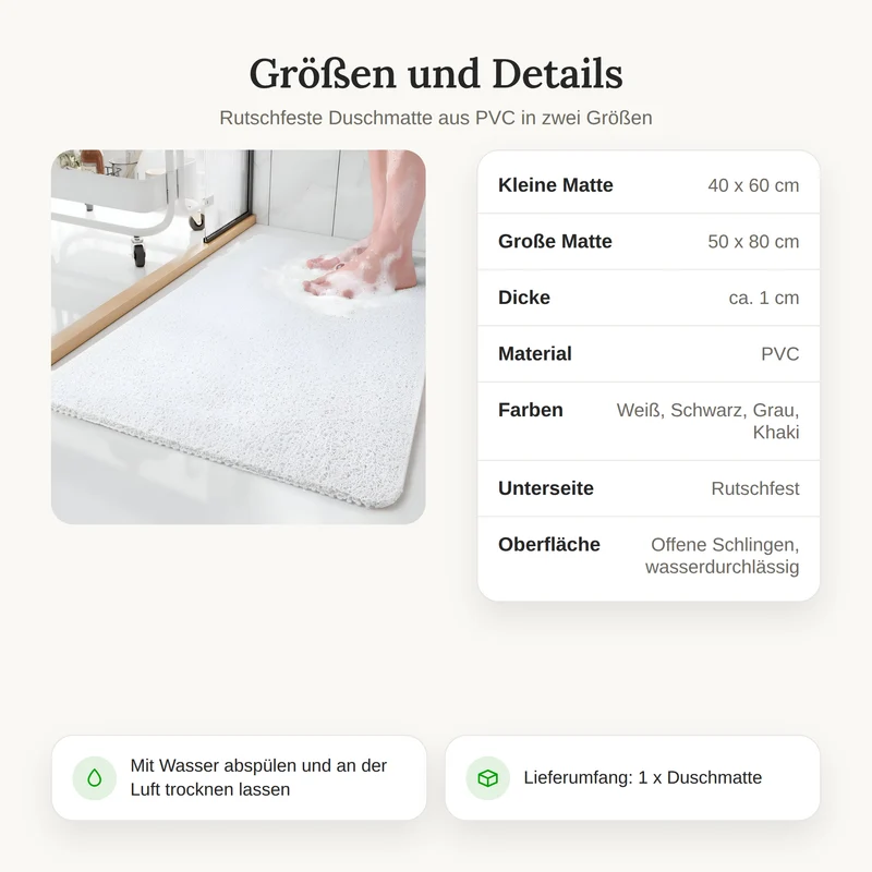 Rutschfeste Duschmatte 40x60 & 50x80 cm – Weiche PVC-Matte für sicheres Duschen im Badezimmer