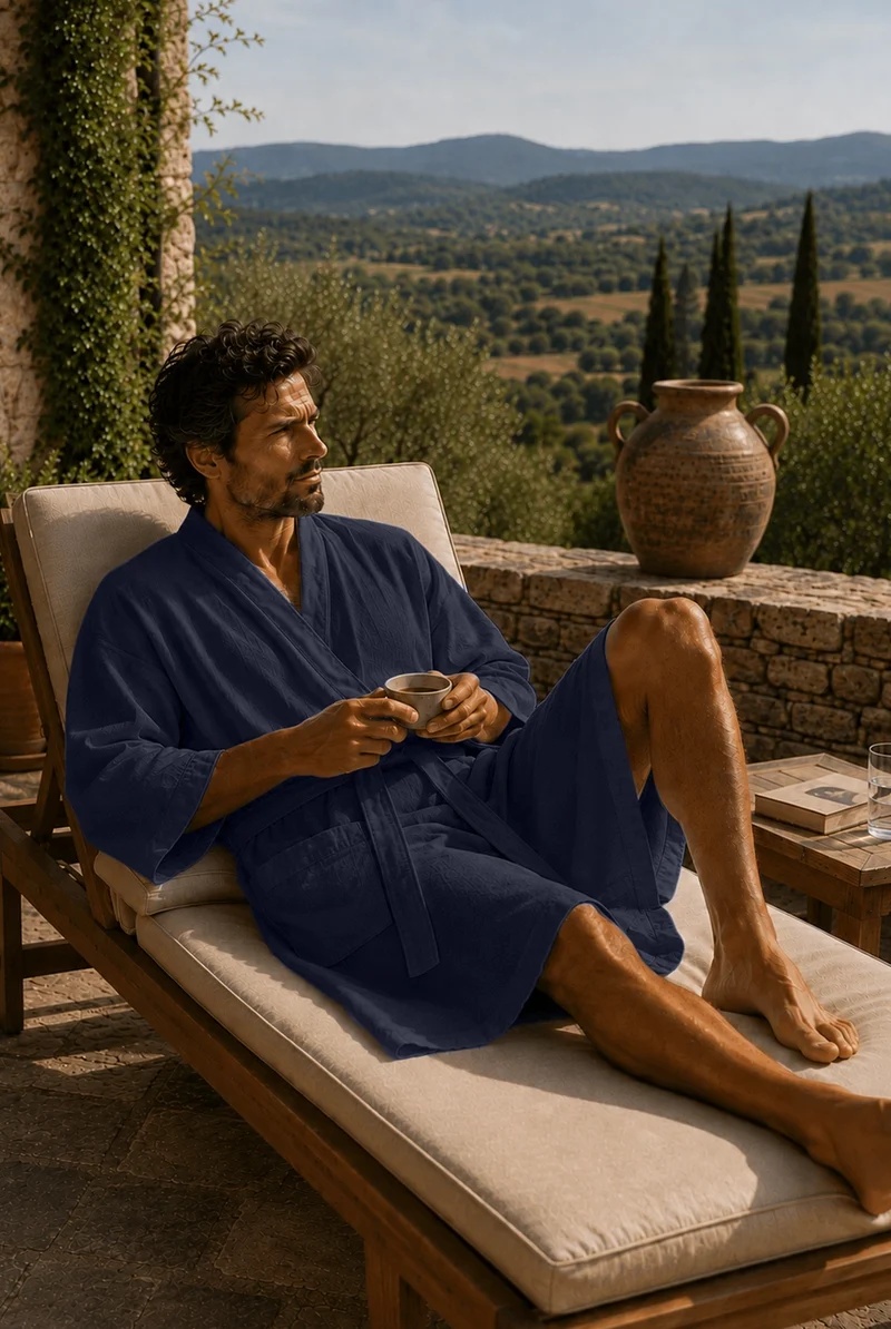 Langer Herren-Bademantel Kimono aus nachtblauem Leinen - Nelson