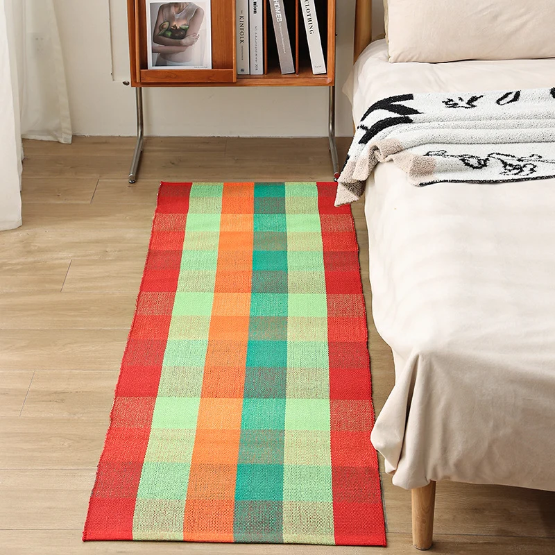 Flat woven bed runner and carpet runner with vibrant checked design Stornfield