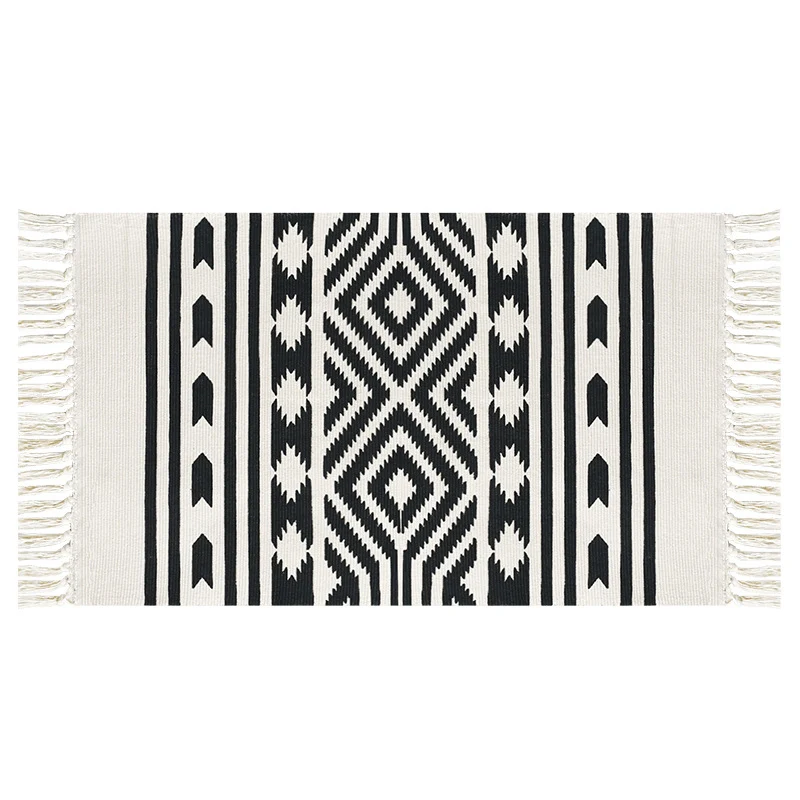 Flat-woven cotton runner with Mediterranean tile jacquard and decorative fringes Stornfield