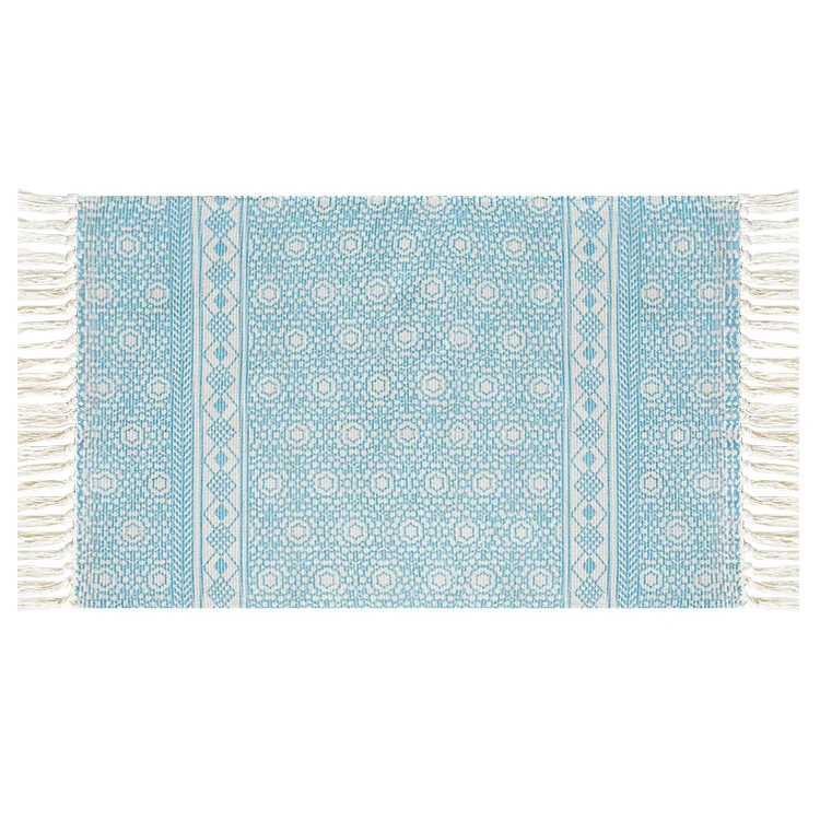 Flat-woven cotton runner with Mediterranean tile jacquard and decorative fringes Stornfield