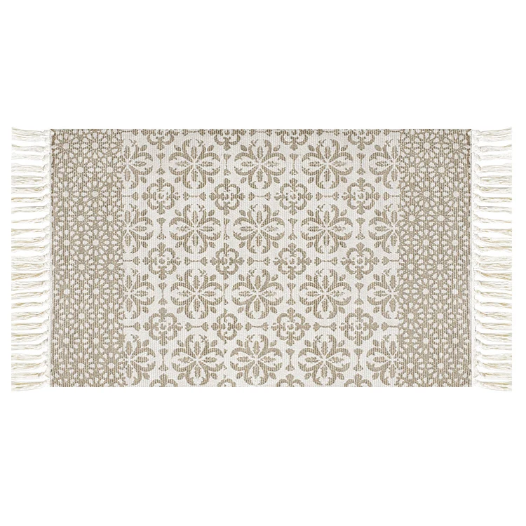 Flat-woven cotton runner with Mediterranean tile jacquard and decorative fringes Stornfield