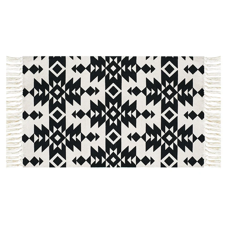 Flat-woven cotton runner with Mediterranean tile jacquard and decorative fringes Stornfield