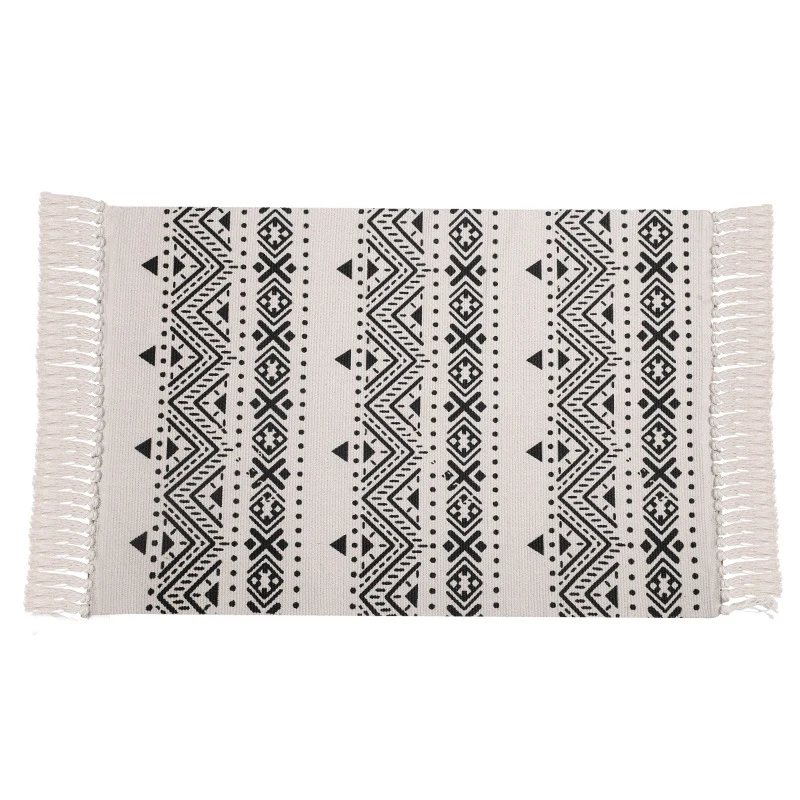 Flat-woven cotton runner with Mediterranean tile jacquard and decorative fringes Stornfield