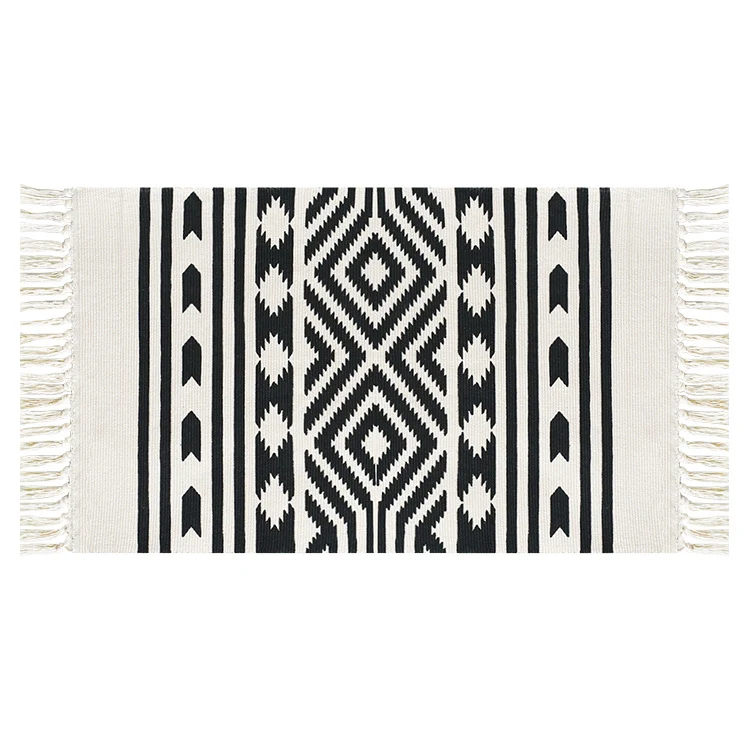 Flat-woven cotton runner with Mediterranean tile jacquard and decorative fringes Stornfield