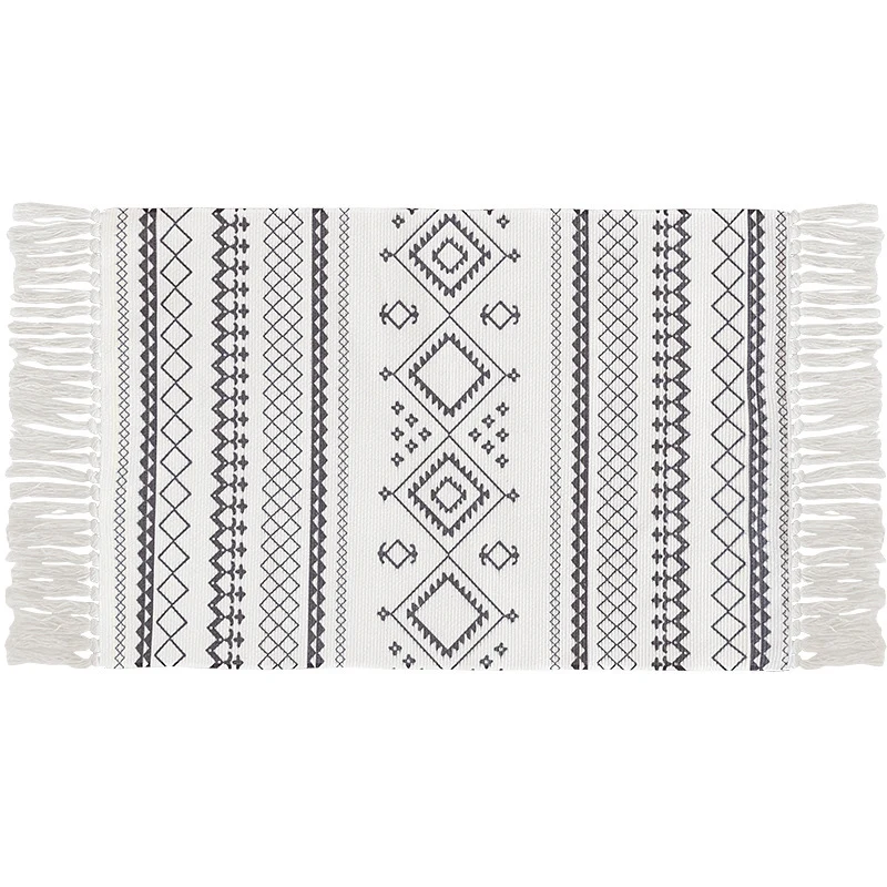 Flat-woven cotton carpet runner with ethnic diamond pattern and decorative fringes Stornfield