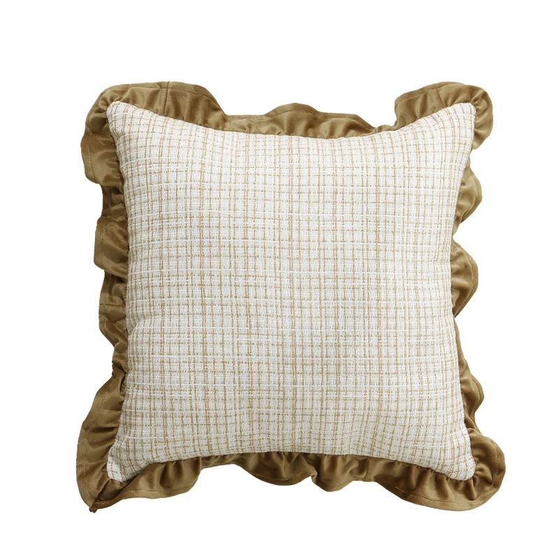 Decorative cushion with woven bouclé structure and velvet ruffled edge Stornfield