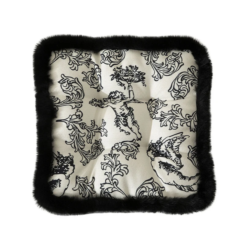 Decorative square seat cushion with baroque angel print and faux fur trim Stornfield