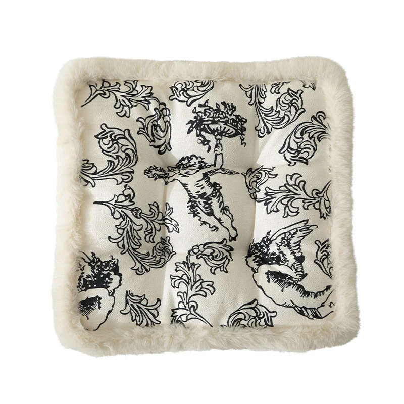 Decorative square seat cushion with baroque angel print and faux fur trim Stornfield