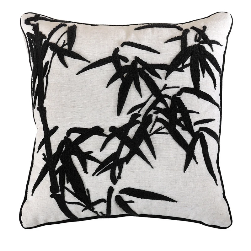 Decorative linen pillow with embroidered bamboo motif Stornfield