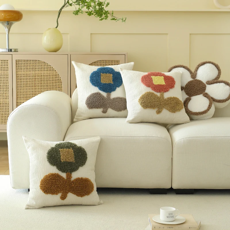 Decorative tufted cushion cover with hand-tufted flower applique Stornfield