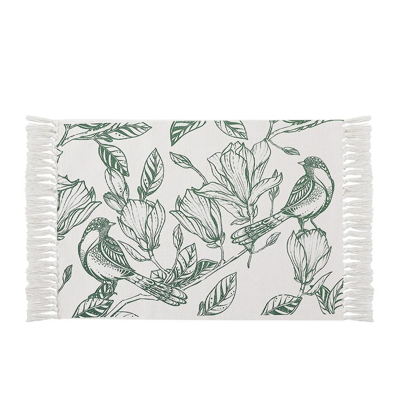Decorative table runner made of cotton with botanical bird print and fringes Stornfield