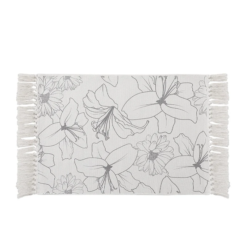 Decorative table runner made of cotton with botanical bird print and fringes Stornfield