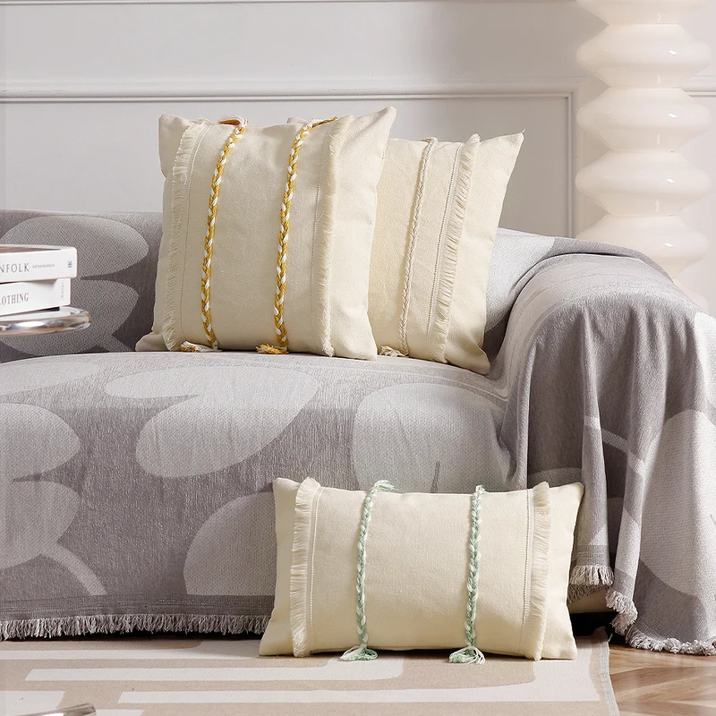 Decorative rectangular cotton cushion cover with woven trims and fringes Stornfield