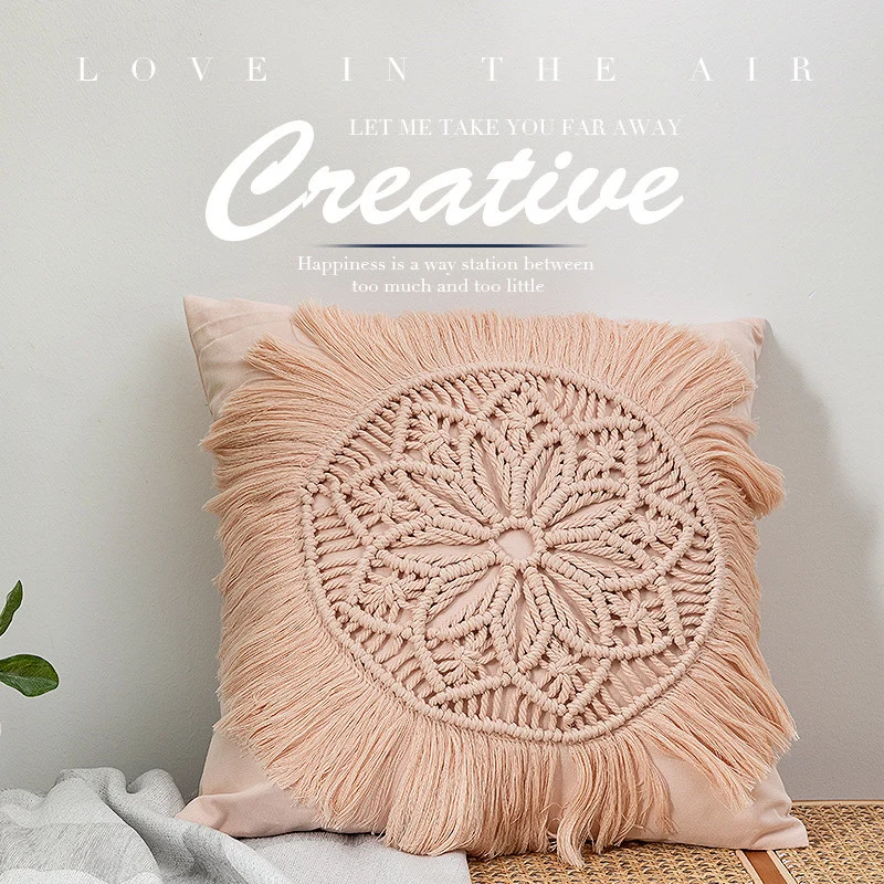 Decorative macrame pillow cover with mandala application and fringes Stornfield