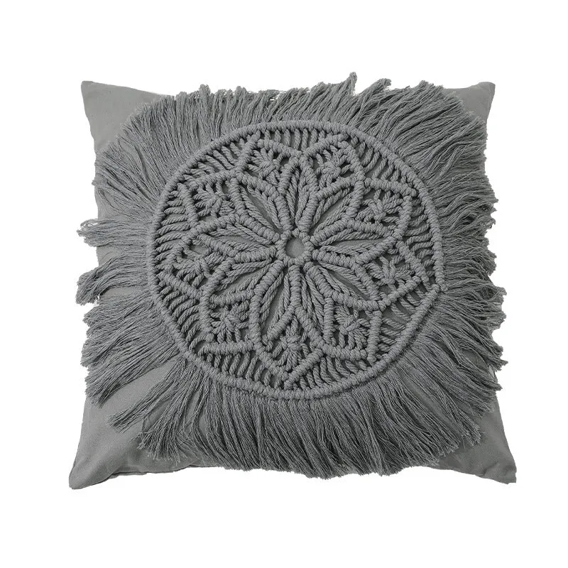 Decorative macrame pillow cover with mandala application and fringes Stornfield
