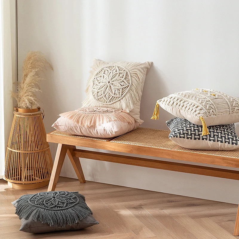Decorative macrame pillow cover with mandala application and fringes Stornfield