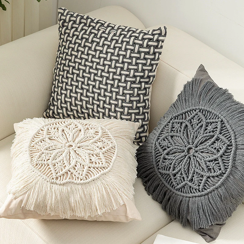 Decorative macrame pillow cover with mandala application and fringes Stornfield