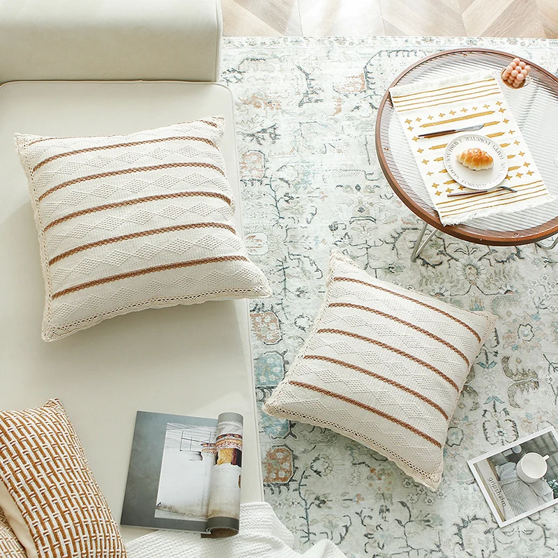 Decorative cushion cover made of cotton-linen with crocheted edge and textured stripes Stornfield