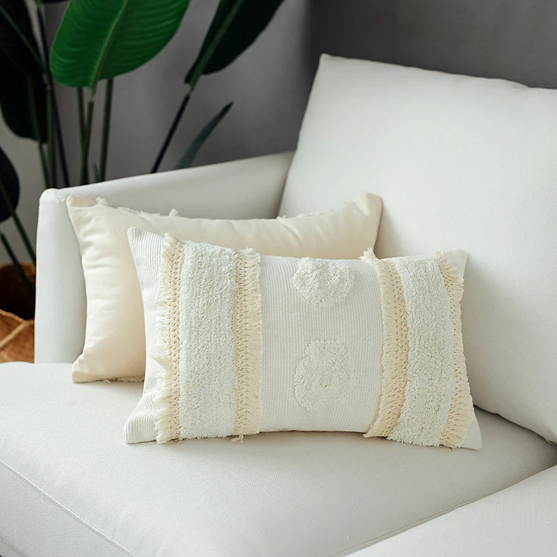 Decorative woven cushion cover with tufted circle applications and textured cotton surface Stornfield