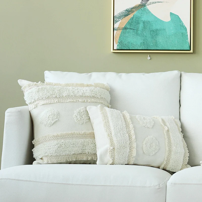 Decorative woven cushion cover with tufted circle applications and textured cotton surface Stornfield