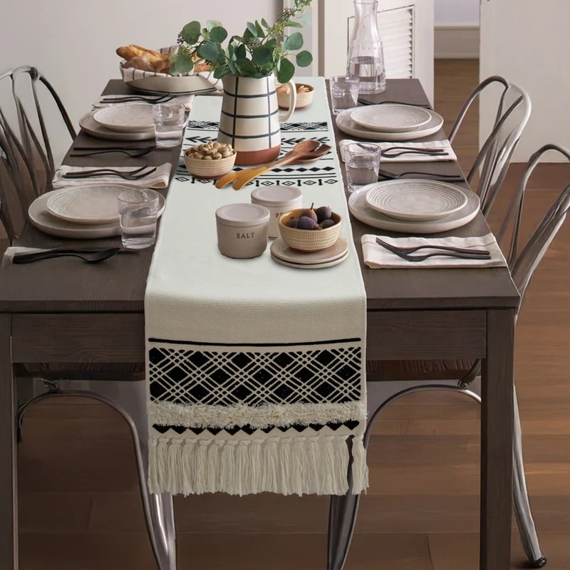 Boho table runner made of cotton blend with woven ethnic jacquard and decorative fringes Stornfield