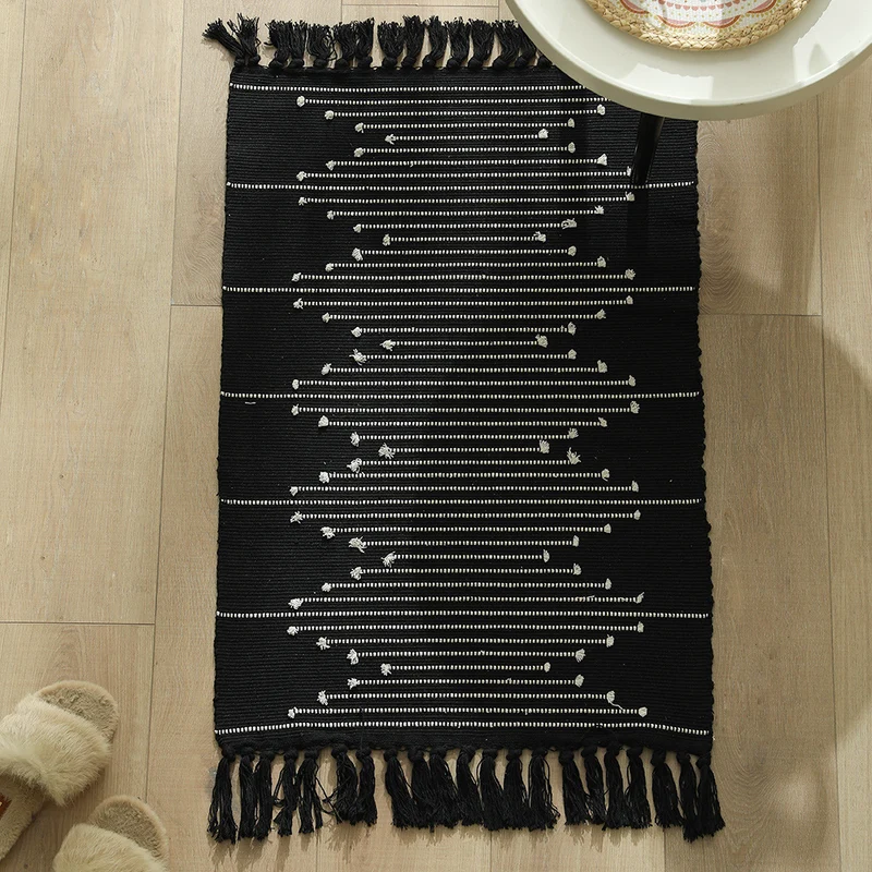 Cotton runner rug with fringes and geometric texture pattern Stornfield