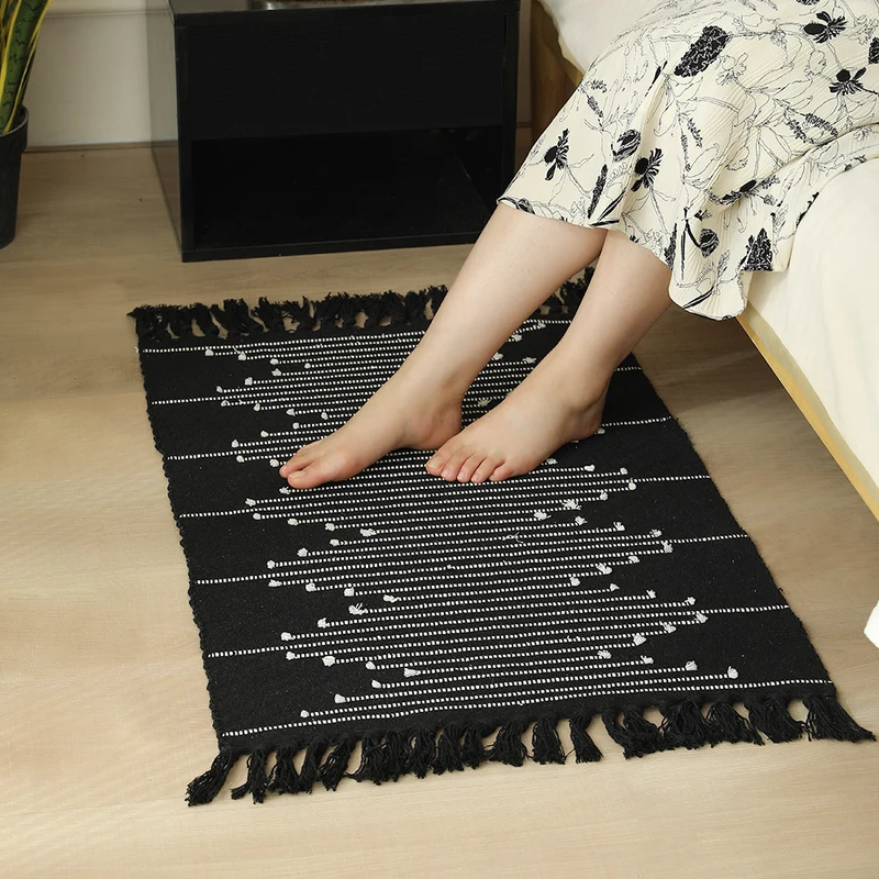 Cotton runner rug with fringes and geometric texture pattern Stornfield