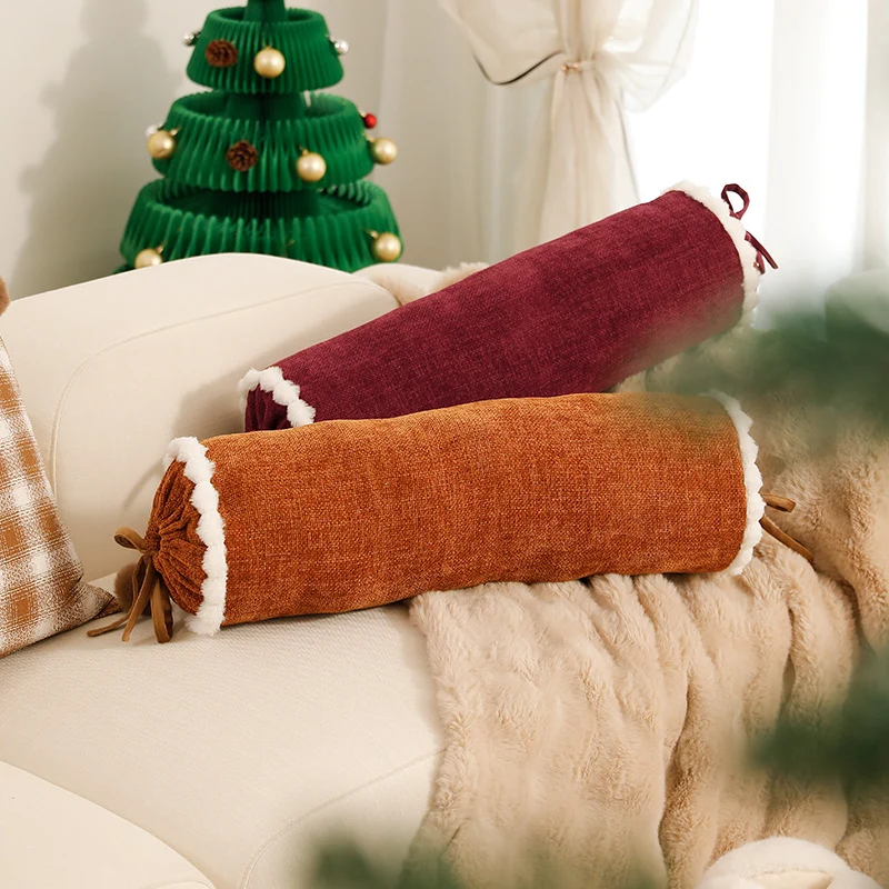Cylindrical lumbar and neck pillow with velvety chenille surface and crocheted trim Stornfield