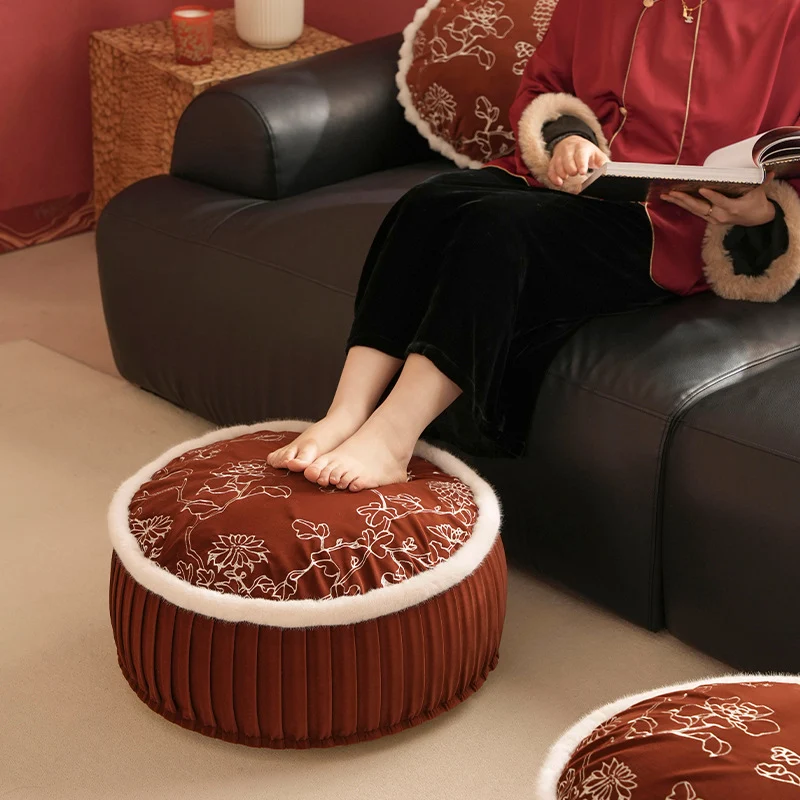 Round velvet floor pouf with floral embroidered top and faux fur trim Stornfield